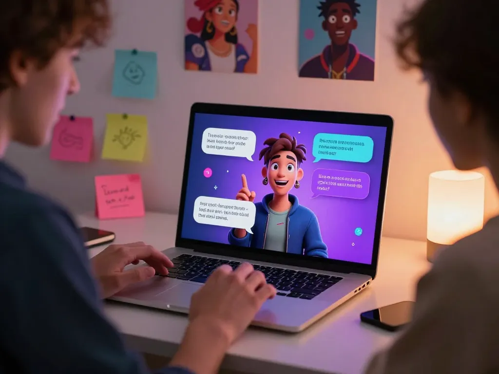 Interactive user engaging in a spicy chat with an AI character in a vibrant digital workspace, showcasing creativity and connection.