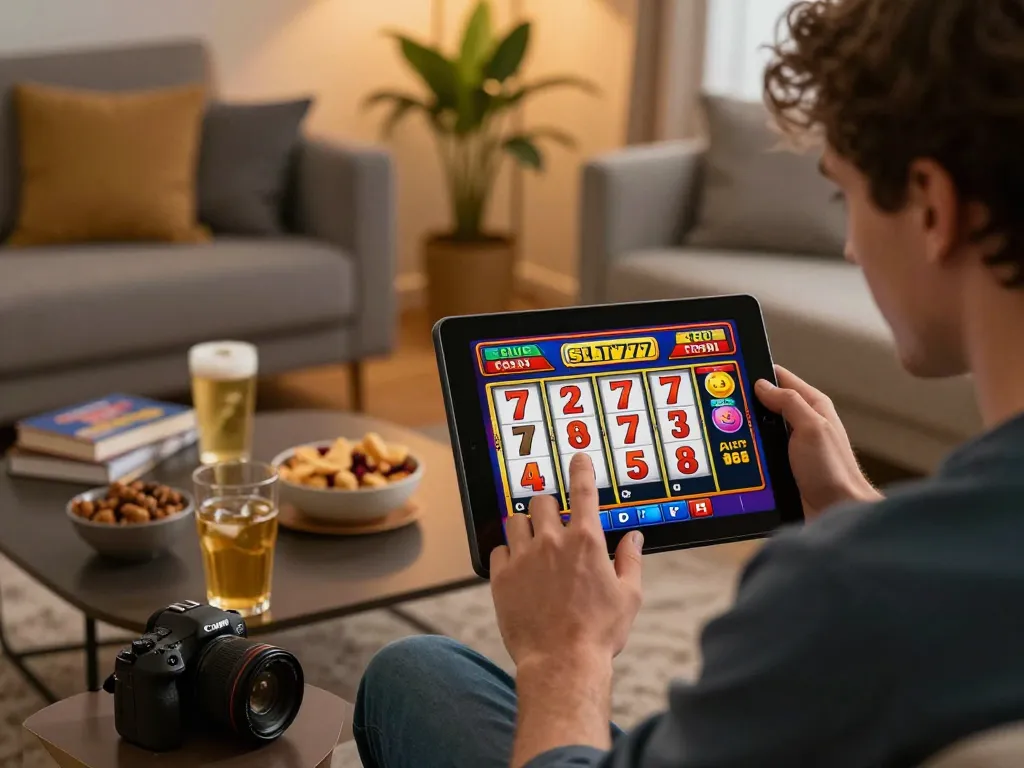 Player enjoying slot gacor 777 game on tablet at home, immersed in online gambling.