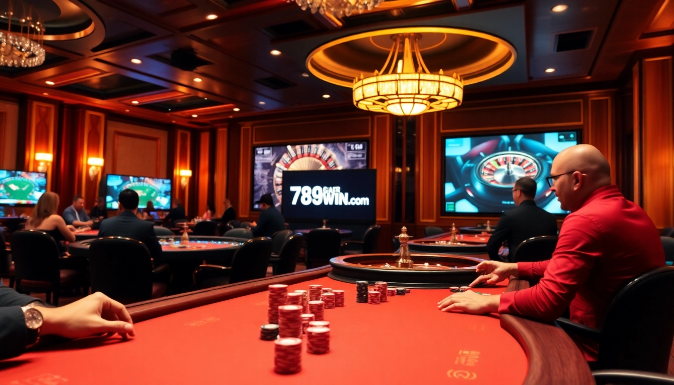 Experience the thrill of winning at 789win.com with a luxurious casino scene showcasing poker tables and roulette wheels.