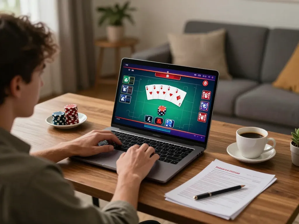 Engaging with alexis77 poker game on a laptop, showcasing responsible gaming at home.