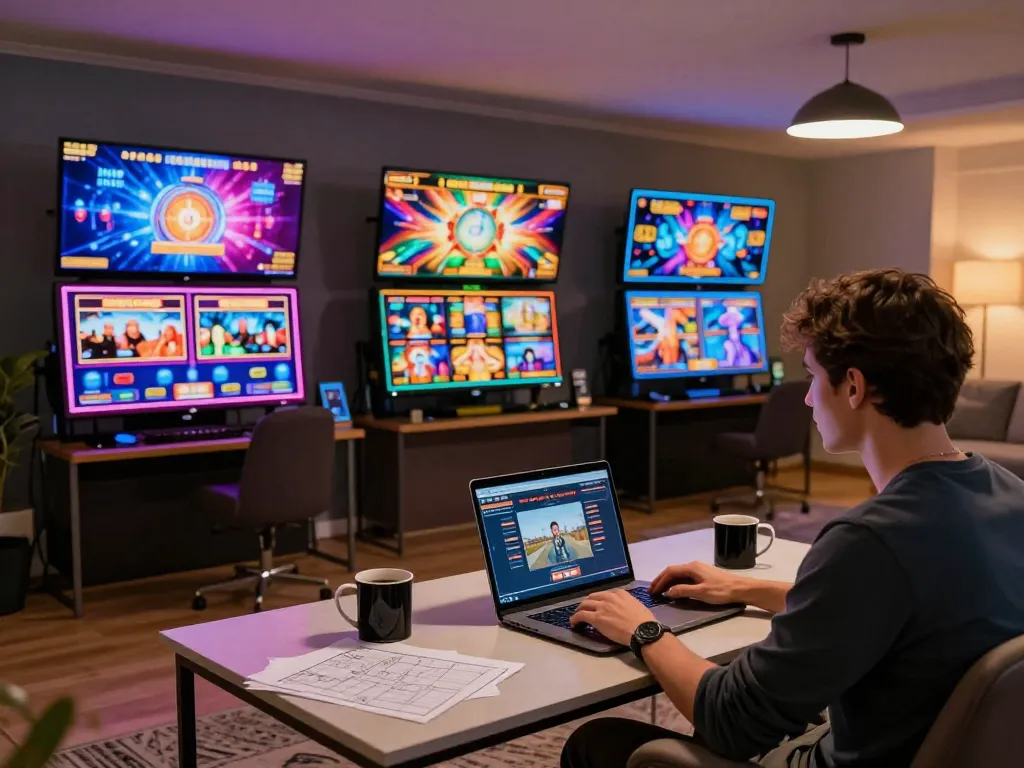 3Win user enjoying an online casino game on a laptop with vibrant graphics in a cozy setting.