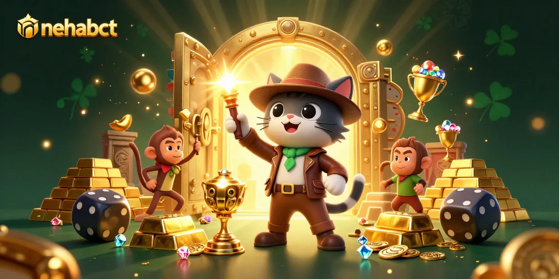 Engage in the nehabct adventure with a treasure-hunting cat and monkey in a vibrant casino-themed temple full of treasures.