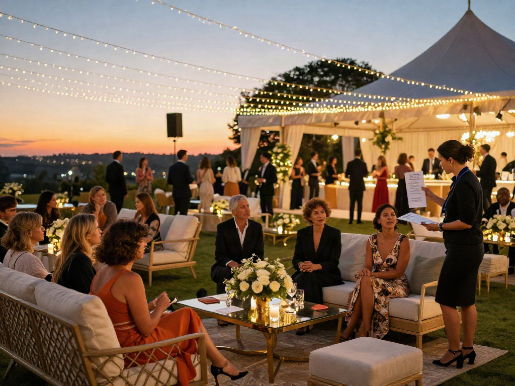 Event rental ksa showcasing elegant outdoor setup with luxurious furniture and ambient lighting.