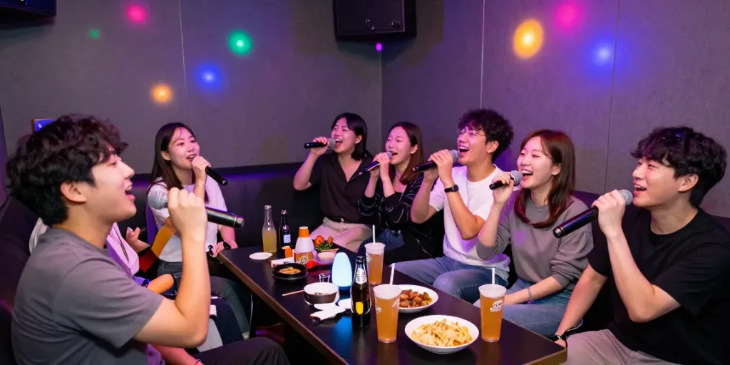 강남 도파민에서 친구들과 함께 노래를 부르는 즐거운 장면
