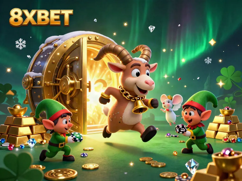 Experience thrilling gaming at 8XBET with festive characters in a dynamic casino scene filled with treasures.