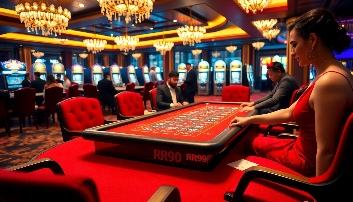 Engaged players at the RR99 casino table strategizing their next move with poker chips.