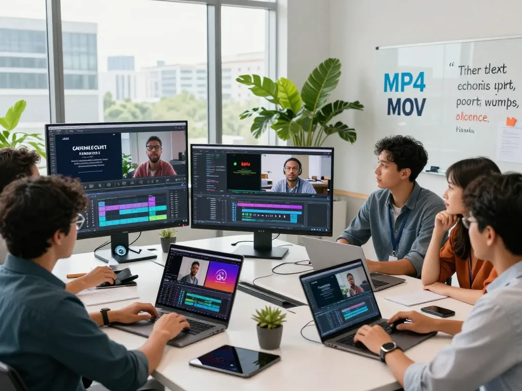 Team collaborating in modern workspace showcasing video to prompt technology and AI analytics.