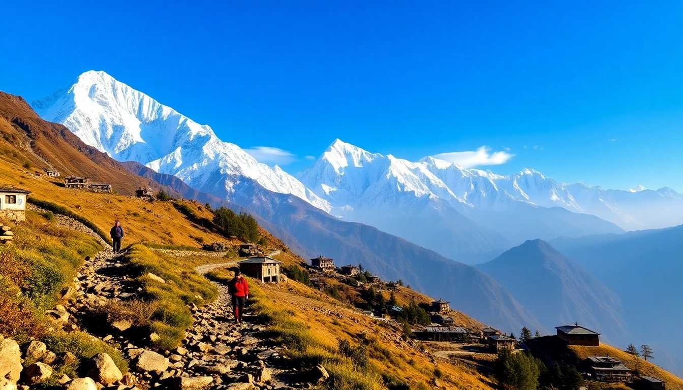 Manaslu trekking through scenic landscapes with snow-capped peaks and lush greenery.