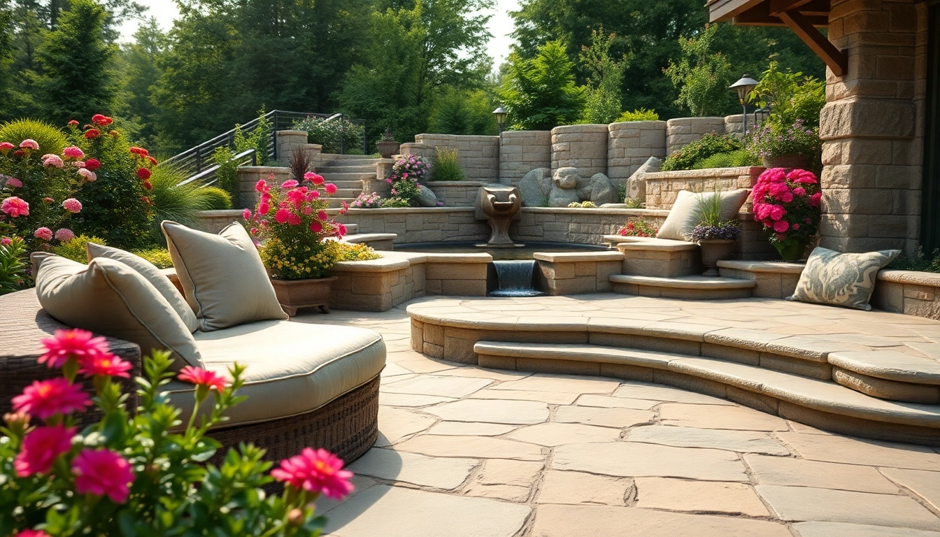 Showcasing hardscapes through an elegant patio design with stone features and lush greenery.