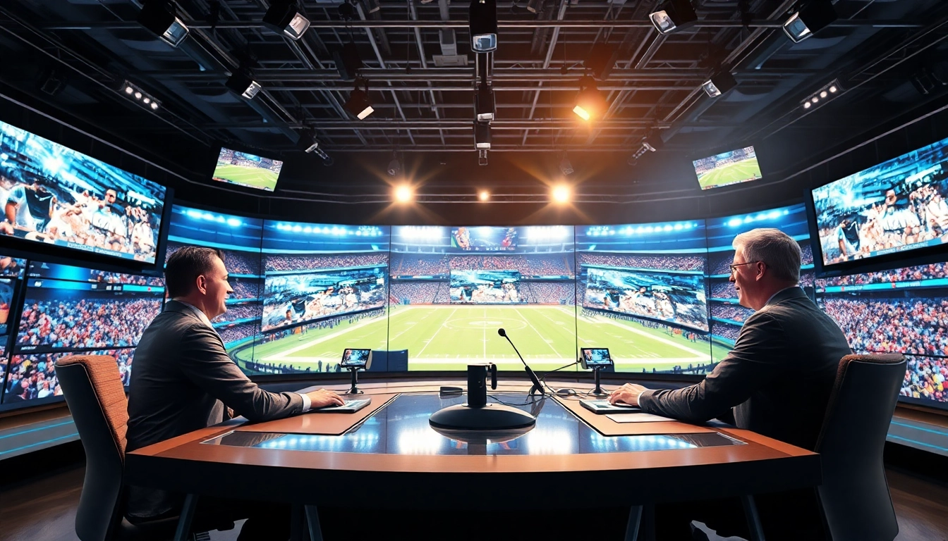 Dynamic sports broadcasting studio capturing announcers reporting live sports events.