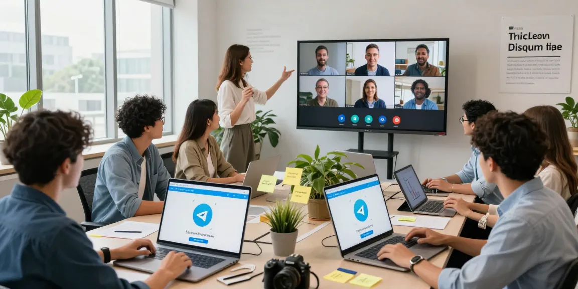 Collaboration using telegram中文 in a modern workspace with professionals engaged in discussions.