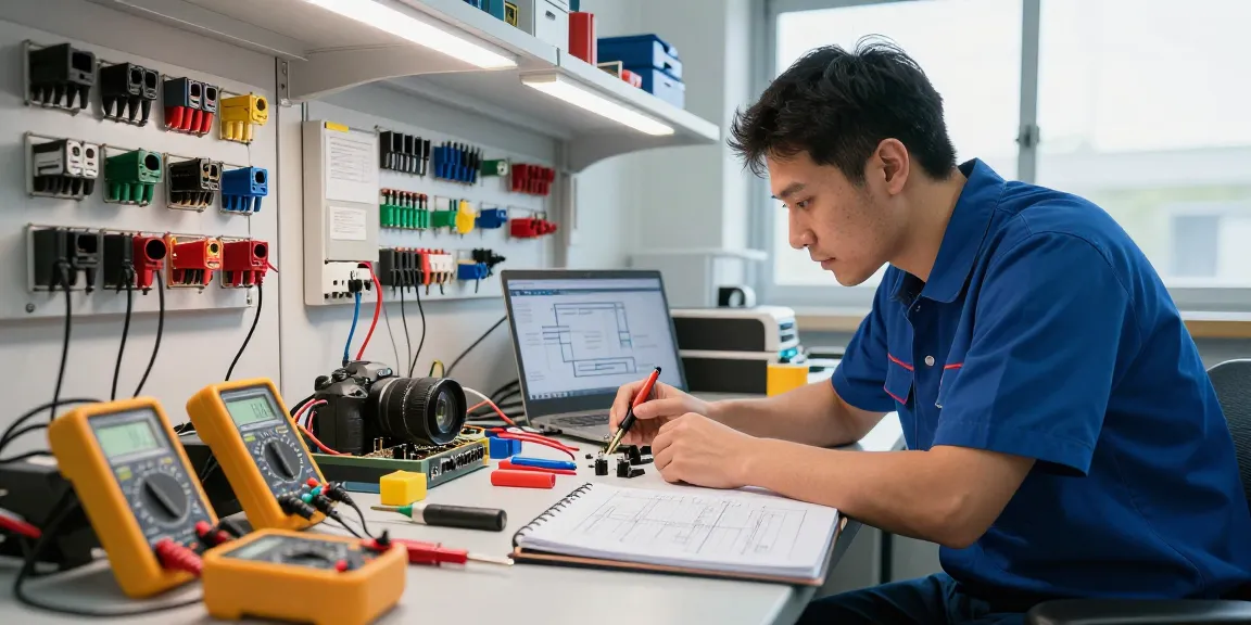 Technician examining IEC connectors and tools in a well-lit technical workspace.