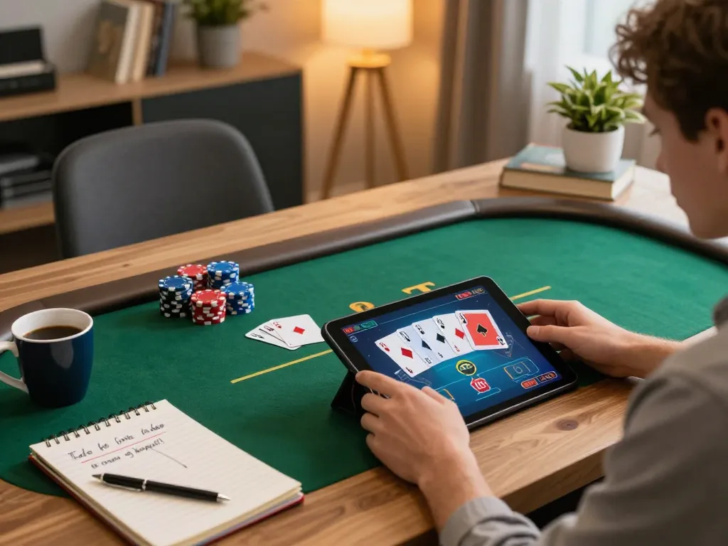 Player enjoying online poker at home with w188 gaming interface visible on tablet.