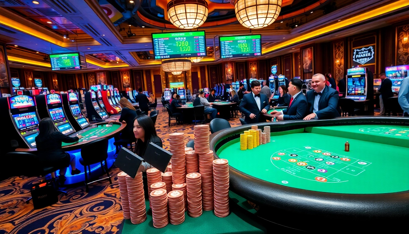 UU88 players enjoying a vibrant casino experience with slot machines and roulette tables.