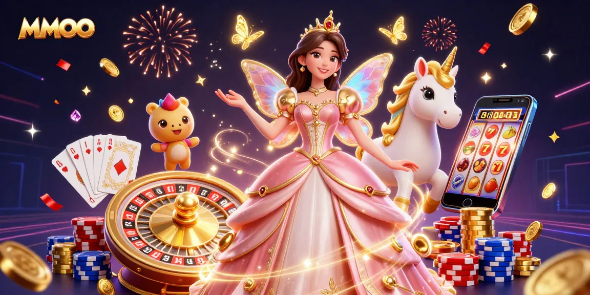 Play exciting casino games with MMOO, featuring vibrant characters, slot machines, and dynamic gaming elements.