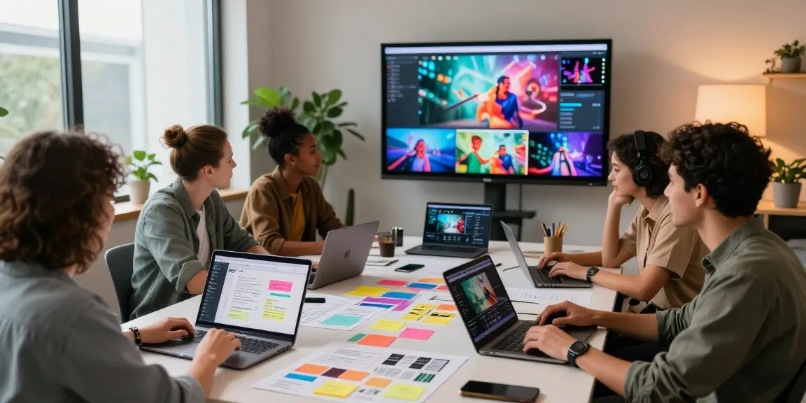 Seedance AI video production team collaborating in a modern digital studio, capturing creative energy.