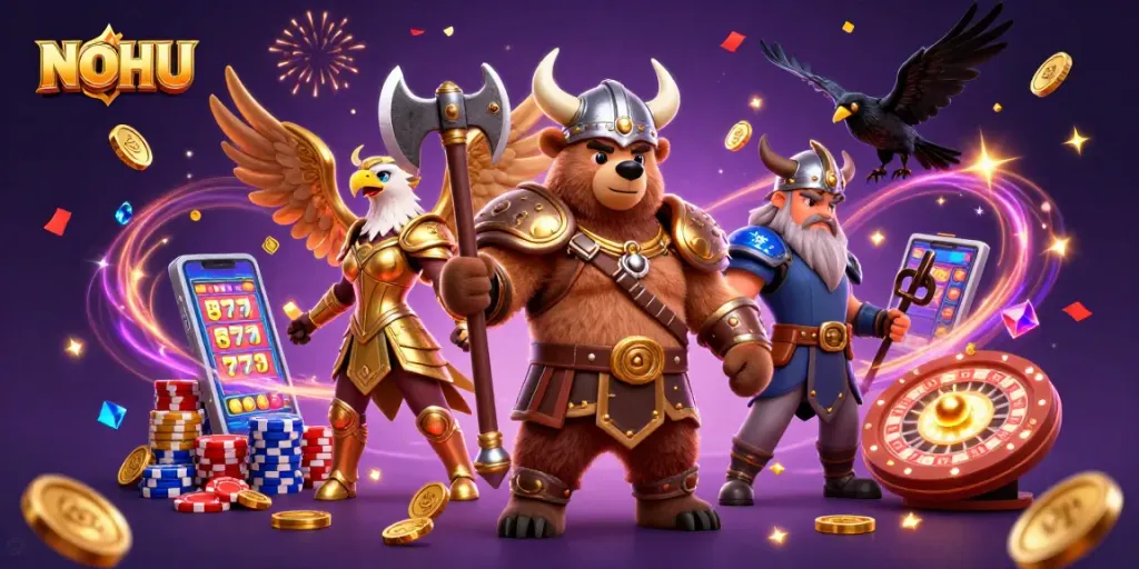 Play thrilling games at NOHU with a Viking and Valkyrie amid cascading coins and exciting slot reels.