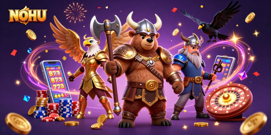 Play thrilling games at NOHU with a Viking and Valkyrie amid cascading coins and exciting slot reels.