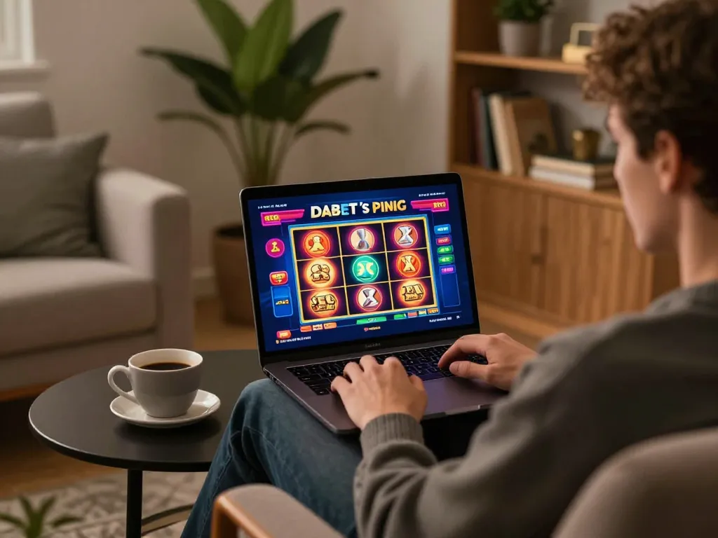 DABET offers exciting online gaming experiences, showcasing vibrant slot games on a cozy home setup.