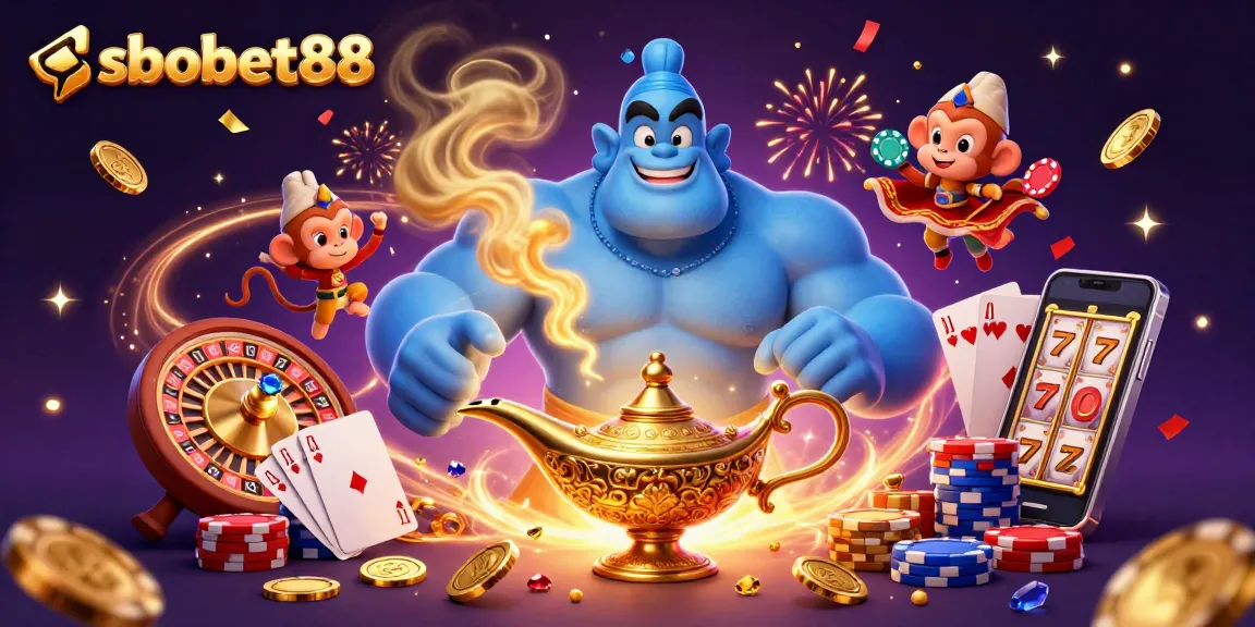 Sbobet88 genie bursting from a lamp in a vivid casino scene with poker chips, coins, and confetti