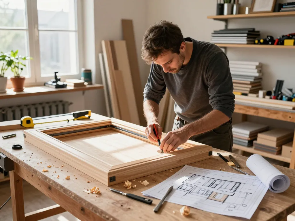 Handwerker arbeitet an einem Fensterbau-Rahmen mit Werkzeugen in der Werkstatt.