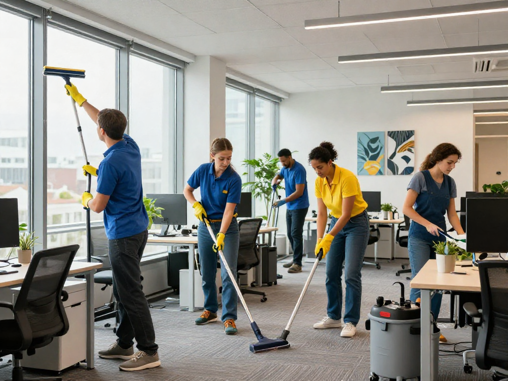 Reinigungsfirma in Dortmund im Einsatz: Professionelles Reinigungsteam bei der Arbeit in einem modernen Büro.