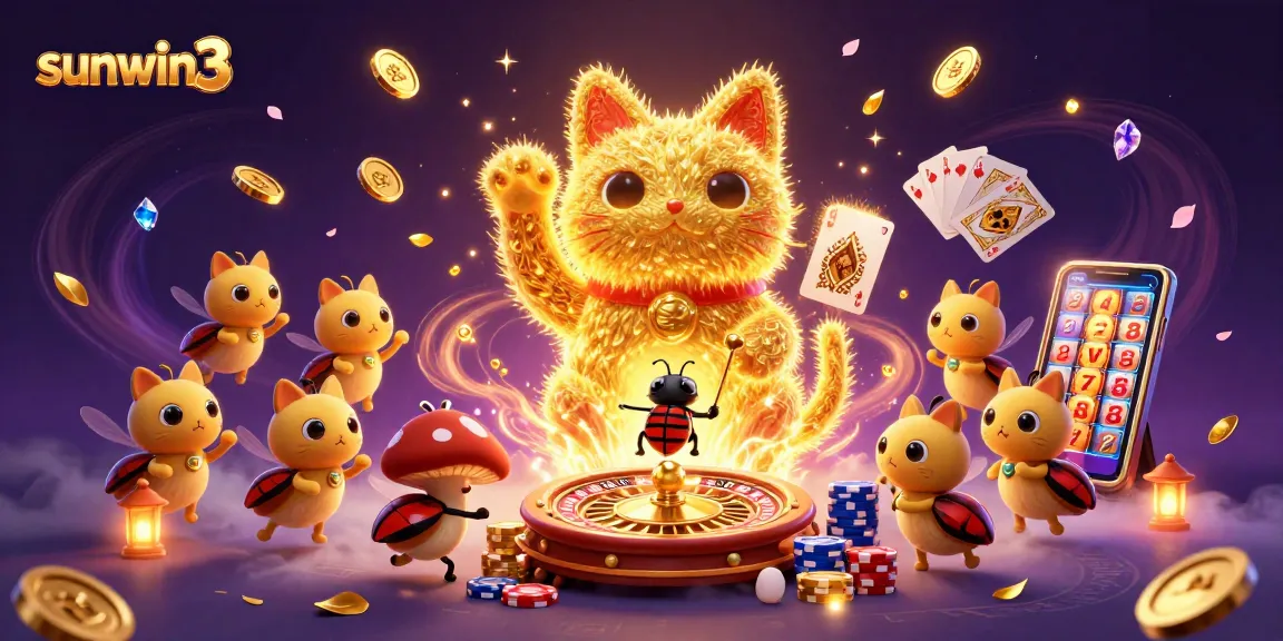 Experience fortune with sunwin3 as colorful casino elements and a lucky cat fill the scene.