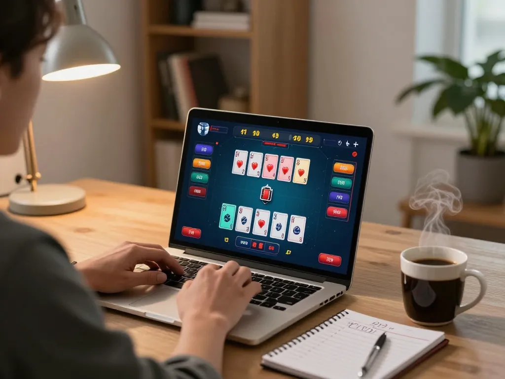 Engaged player using Chatgpt caricature in online poker game setup for strategic play.