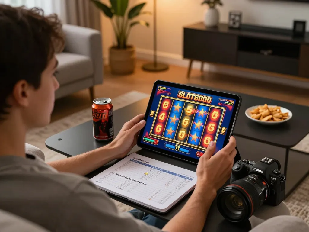 SLOT6000 player engaging in strategic bankroll management while enjoying a vibrant online gaming experience