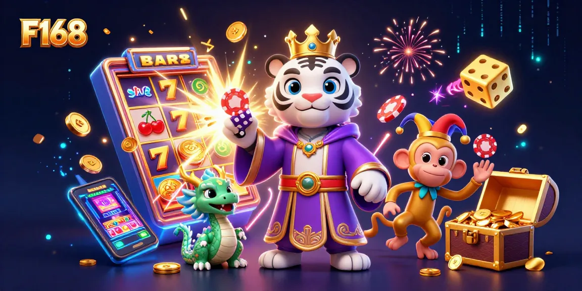 Experience exhilarating gameplay at F168 with our vibrant casino illustration showcasing dynamic characters and games.