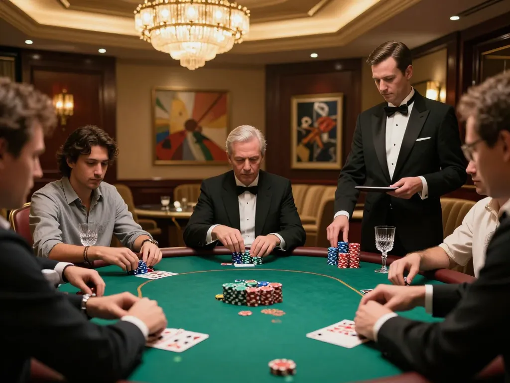 Intense gameplay at online casinos Canada, showcasing a luxurious poker room with players and ambiance