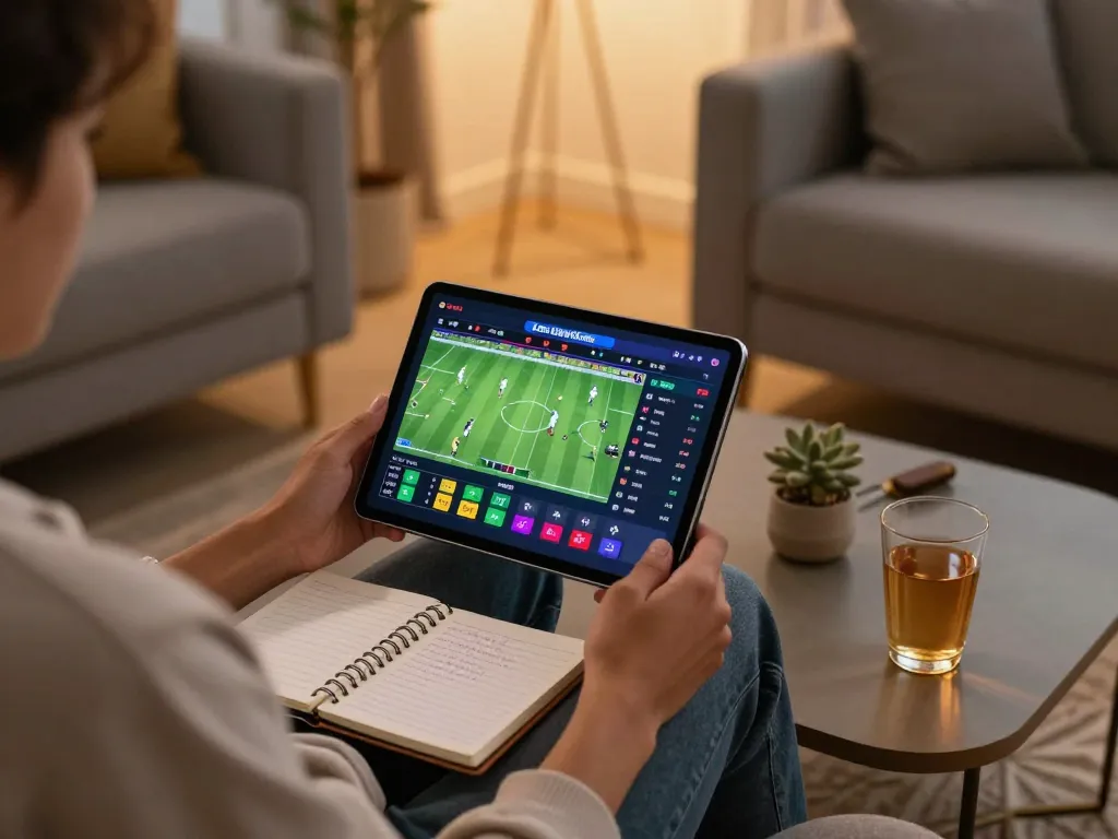 Engaged sports bettor analyzing live odds on okfun app in a cozy home setting.