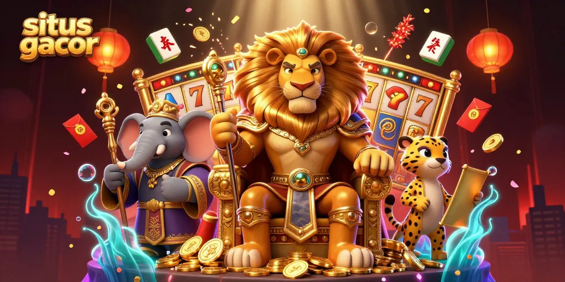 Experience situs gacor with vibrant slot reels and royal characters in action-packed casino illustration