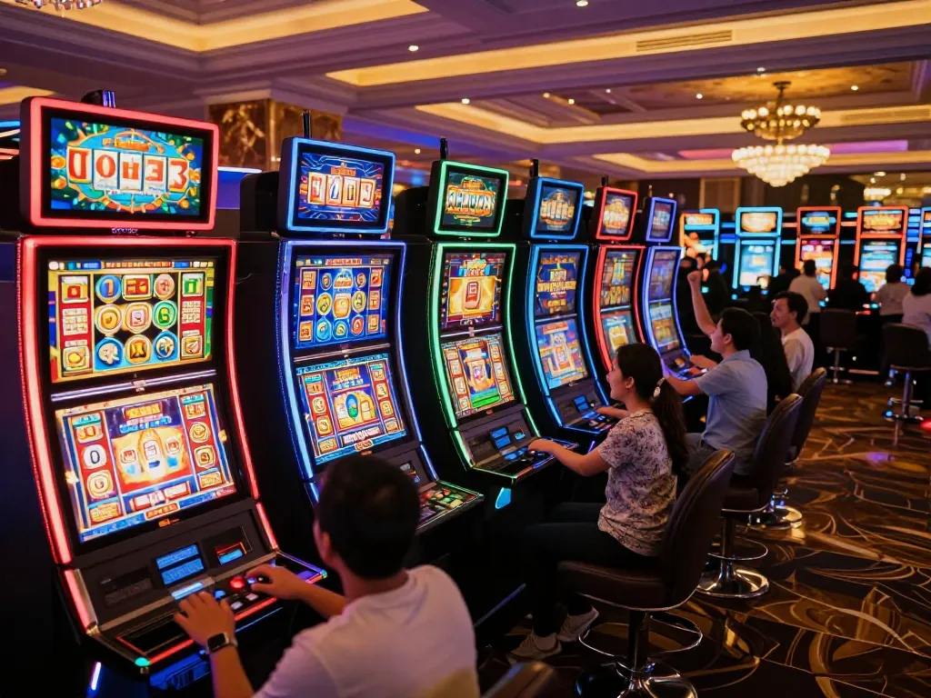 Engaged players experiencing the excitement of LGOLUX slot machines in a vibrant casino atmosphere