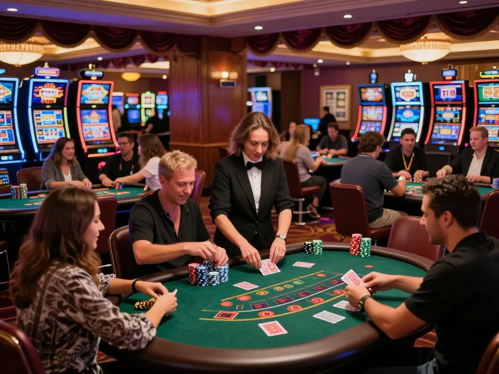 Dynamic blackjack game scene featuring players at thabet casino tables surrounded by vibrant slot machines.