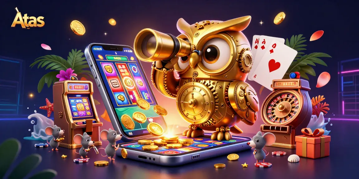 Engage in thrilling casino action at Atas with a 3D cartoon scene of an owl overseeing a vibrant gaming floor.
