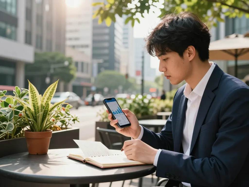 활기찬 도시 카페에서 폰테크 앱을 탐색하는 젊은 전문가