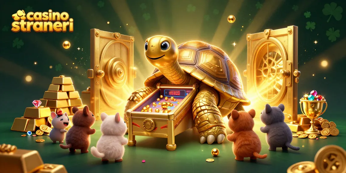 Scopri i migliori casino online stranieri con una lussuosa illustrazione 3D di una tartaruga dorata illuminata e tesori scintillanti.