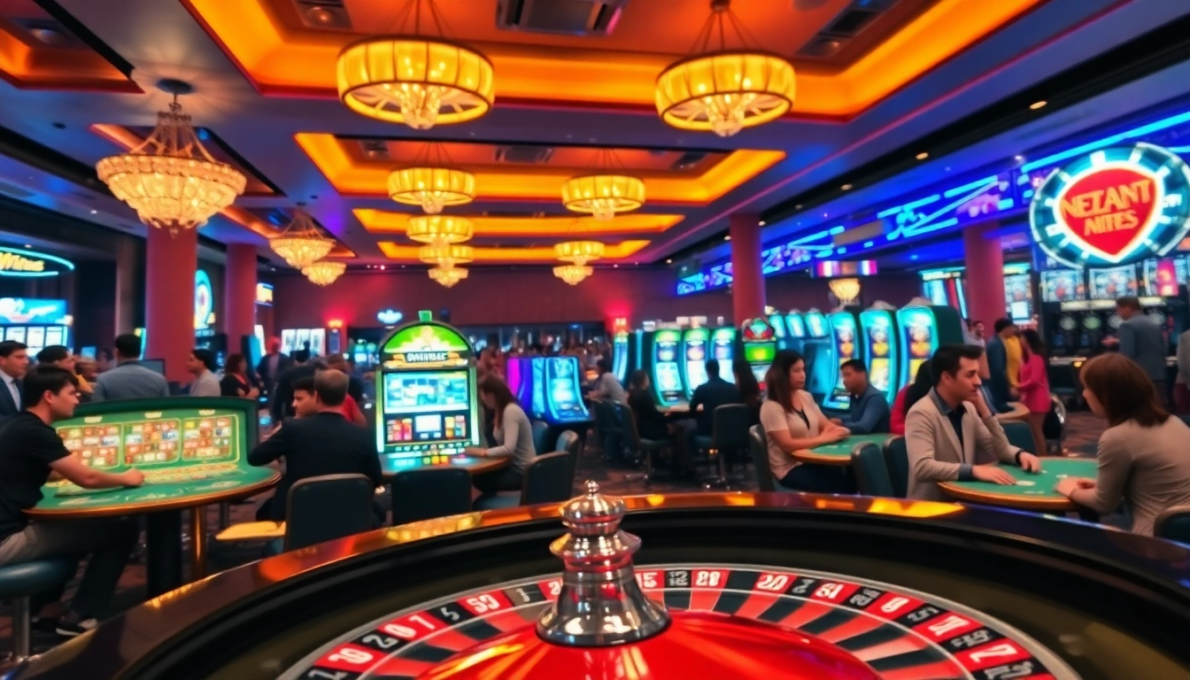 Permainan menarik situs gacor di lantai kasino dengan pemain dan meja roulette.