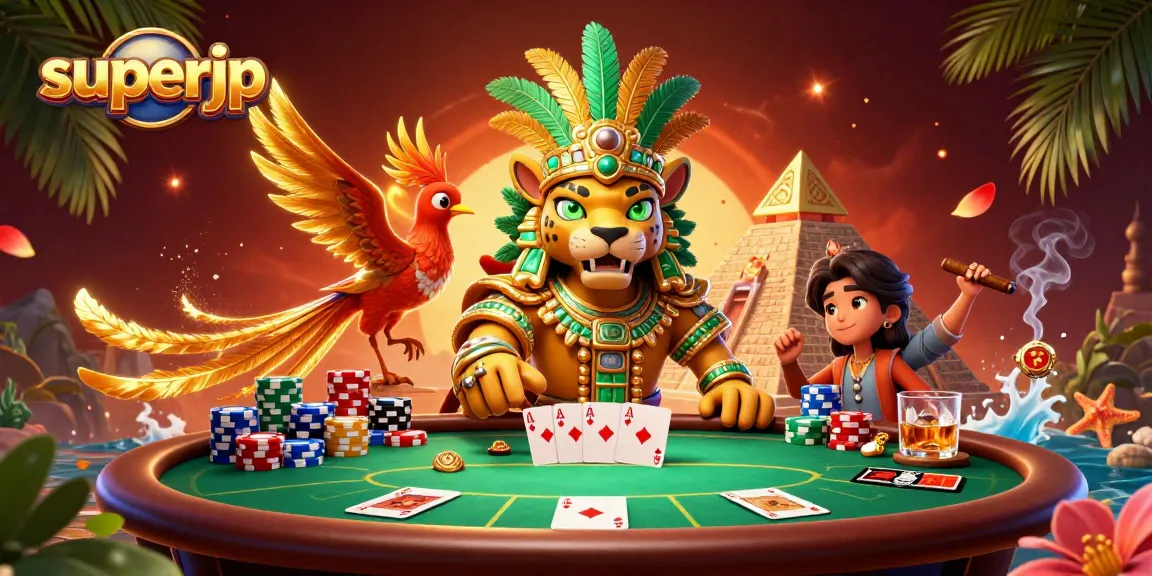 Engage with superjp at a dynamic poker table, featuring Mayan-inspired characters and colorful chips.