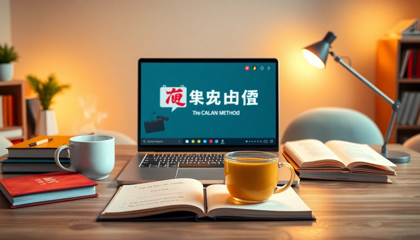 オンライン英語学習の場面。カランメソッド オンライン 比較を強調し、魅力的な雰囲気と学習要素を含む。