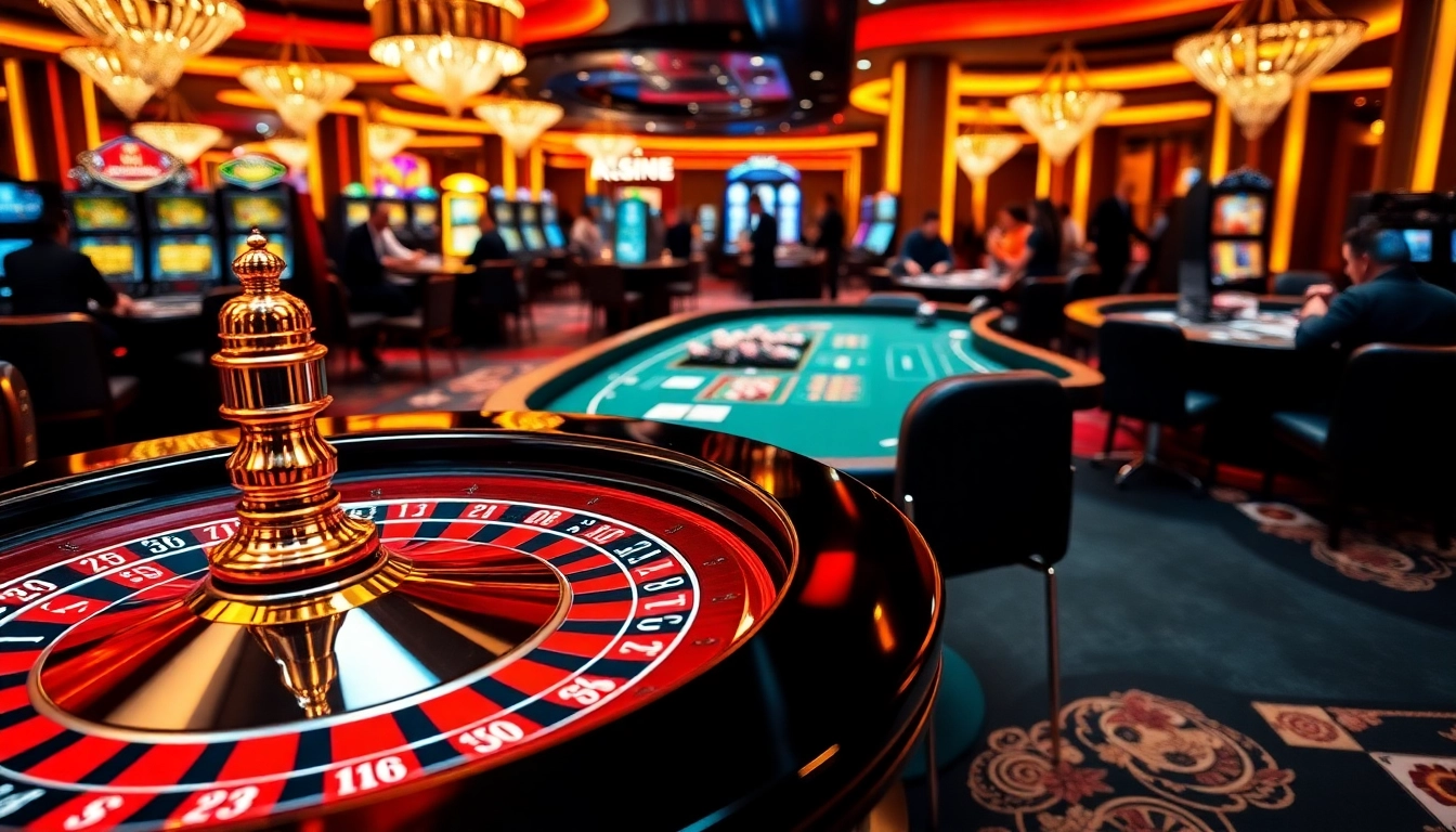 F168 casino scene with roulette, poker tables, and vibrant atmosphere.