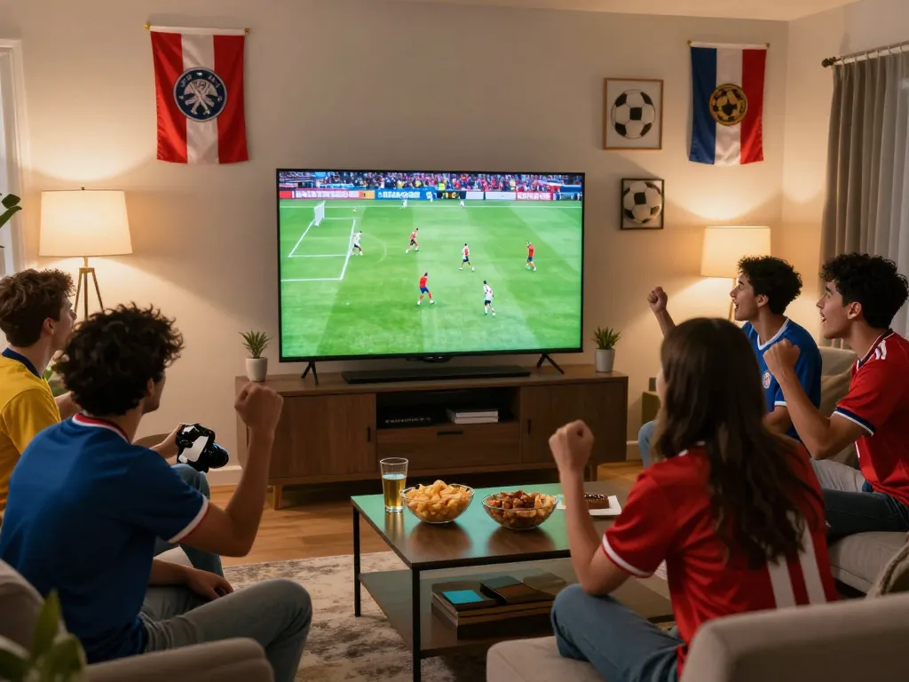 Cakhiatv fans enjoying live football match in a vibrant living room with team jerseys and excitement