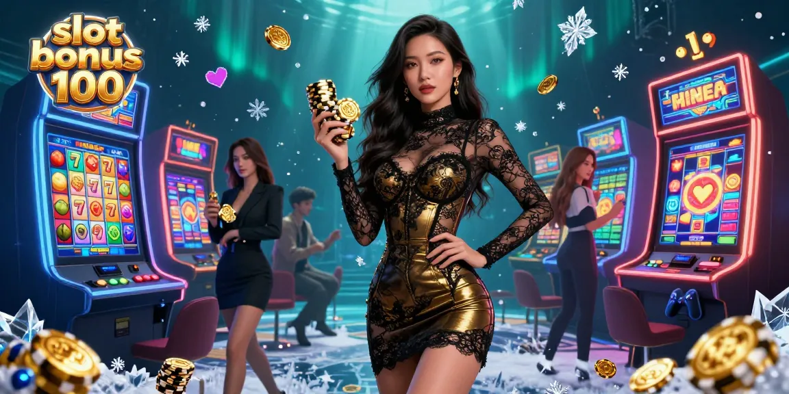 A stunning illustration highlighting a slot bonus 100 feature with a glamorous Asian woman at a casino slot machine.