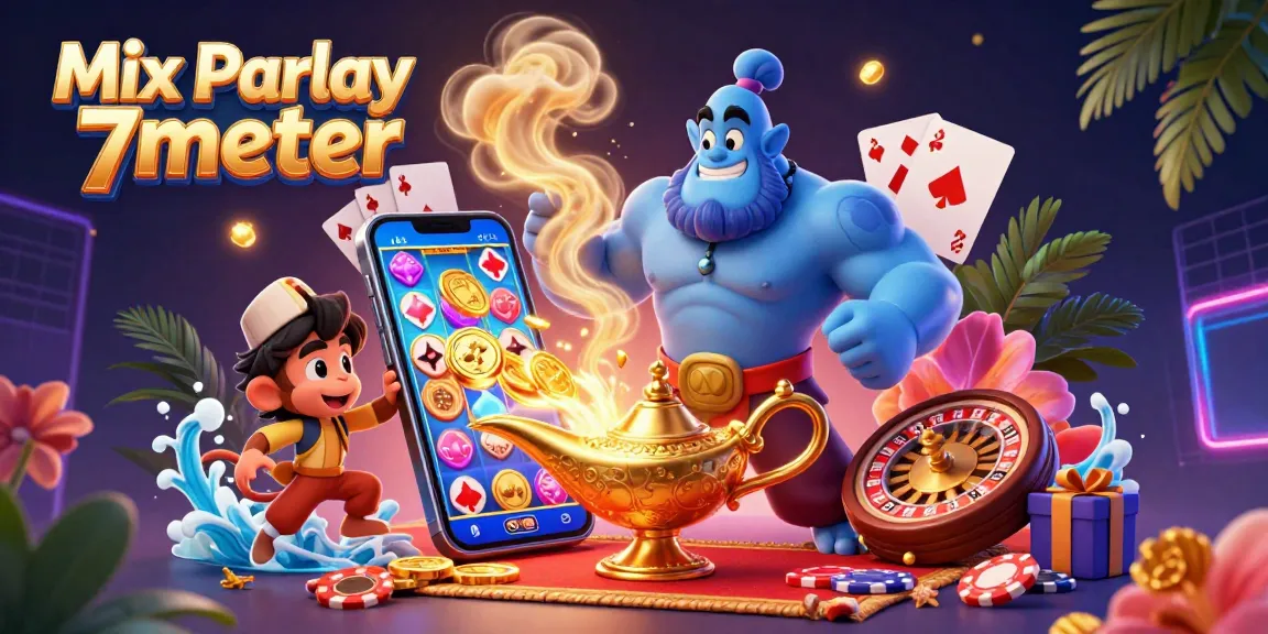 Engage with Mix Parlay 7meter through an ultra-detailed 3D illustration of a genie, monkey, and poker chips amidst vibrant casino elements.