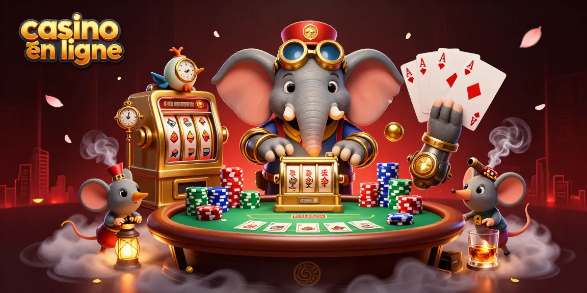 Jouez à des jeux palpitants au casino en ligne avec des jetons de poker colorés et une scène steampunk dynamique.