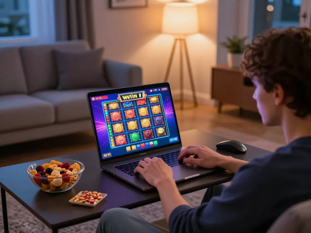 Iwin player enjoying a thrilling slot game experience in a cozy home setup, showcasing responsible gaming vibes