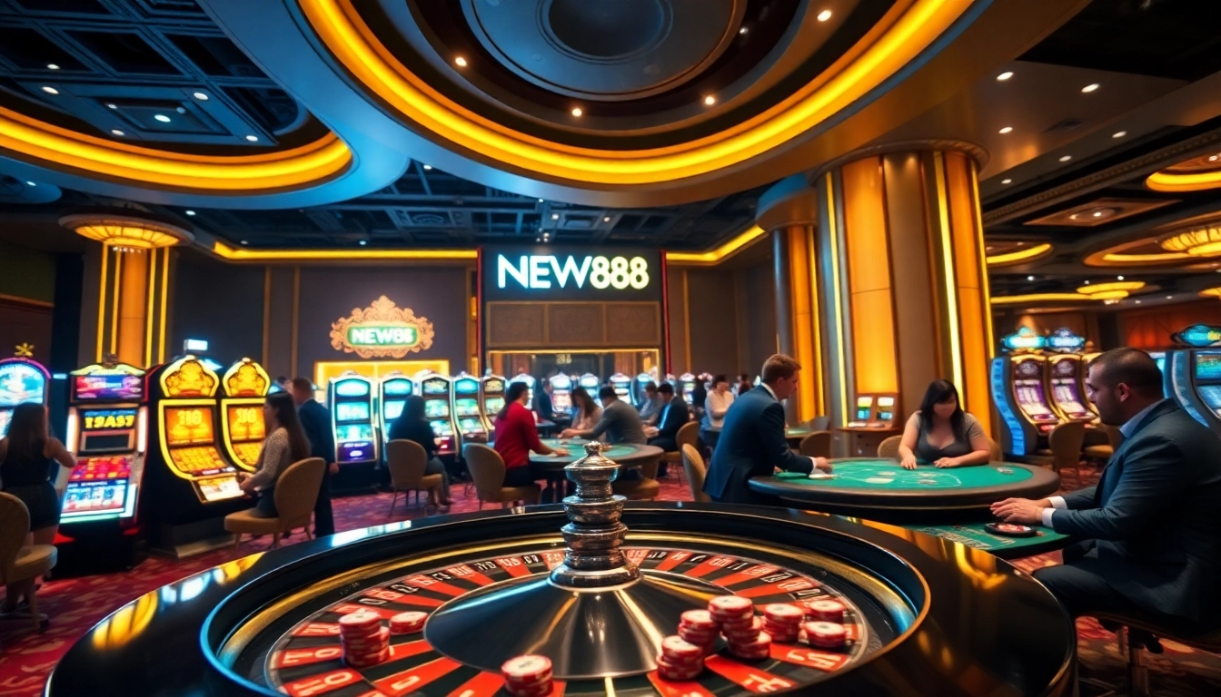 Experience thrilling gameplay at NEW88's luxurious casino, with vibrant tables and engaging players.