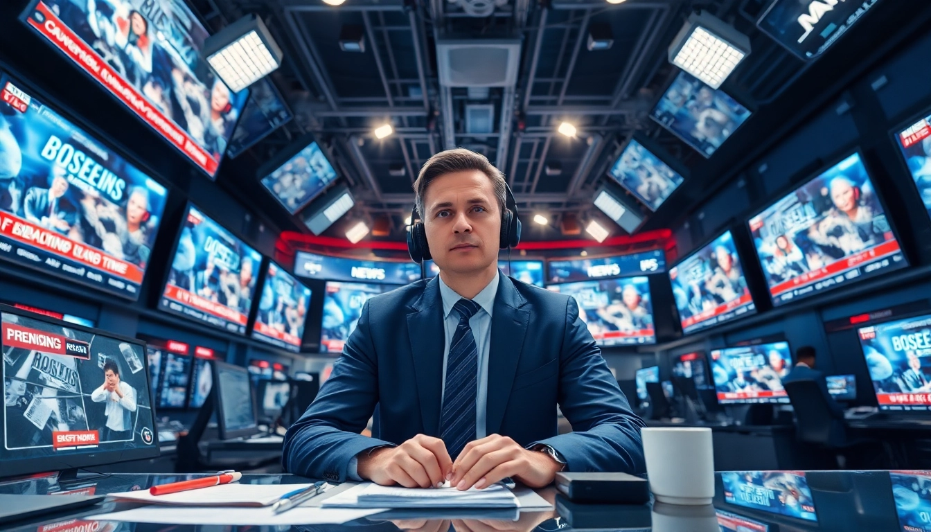 Catch the latest news with a busy journalist in a vibrant newsroom environment.