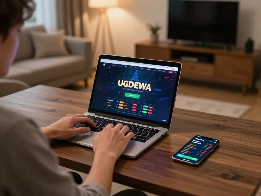 UGDEWA player engaged in strategic online gambling gameplay on a sleek laptop, creating an exciting gaming atmosphere.